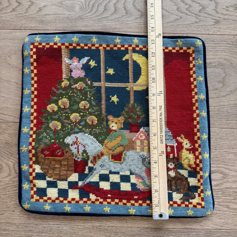Vintage Needlepoint Christmas Pillow Cover Teddy Bear Rocking Horse Navy Velvet